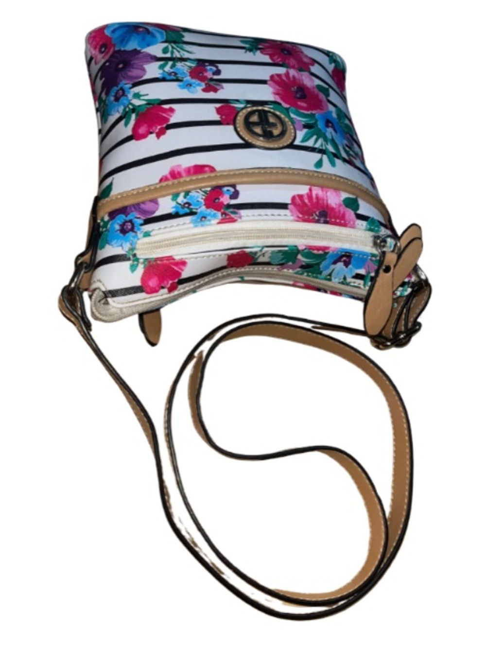 Giani Bernini Floral Stripe Faux Saffiano Crossbody Bag W/Tan Trim, GUC - Picture 8 of 9